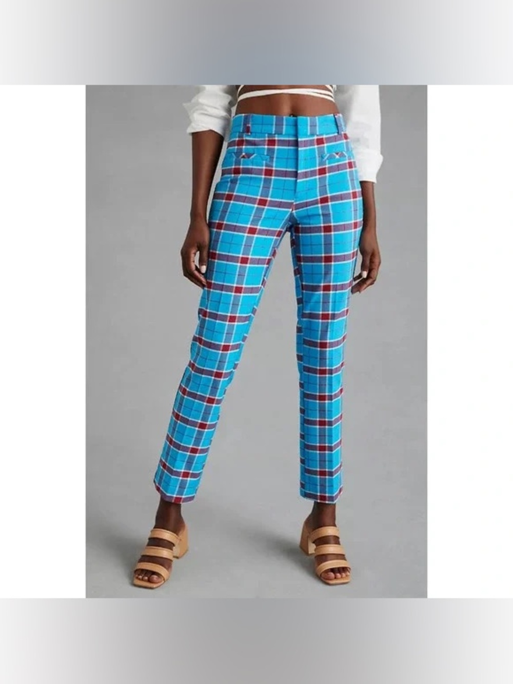Anthropologie Maeve Slim Kick-Flare Plaid Pants Size 6 Blue Preppy Academia